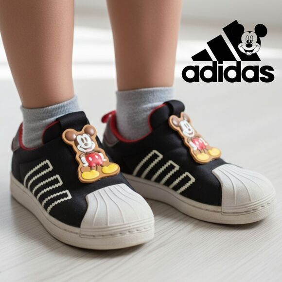 Adidas Disney Mickey Mouse Sneakers I Youth Size 12 I Slip-on I Black Red White - Picture 1 of 11